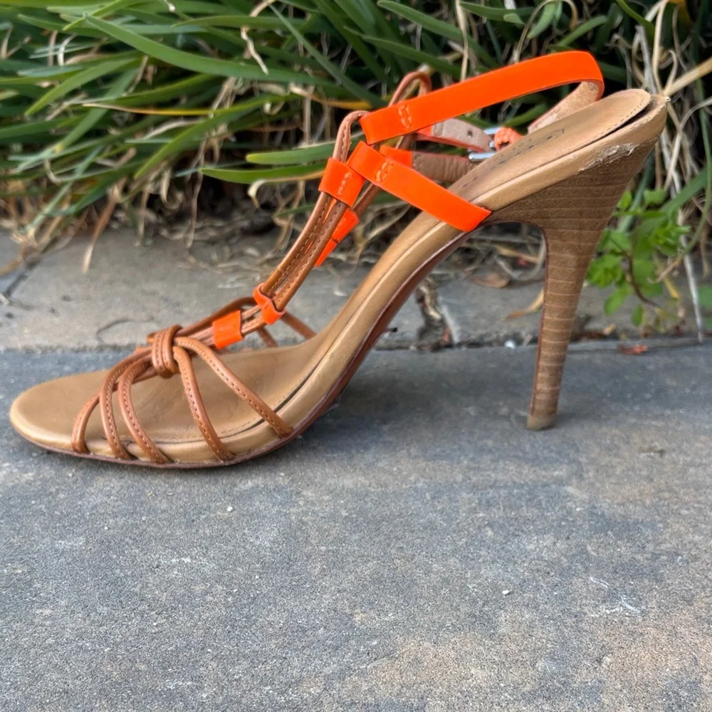 Coach Women's Lana Leather Tan and Orange Strappy Heels‎